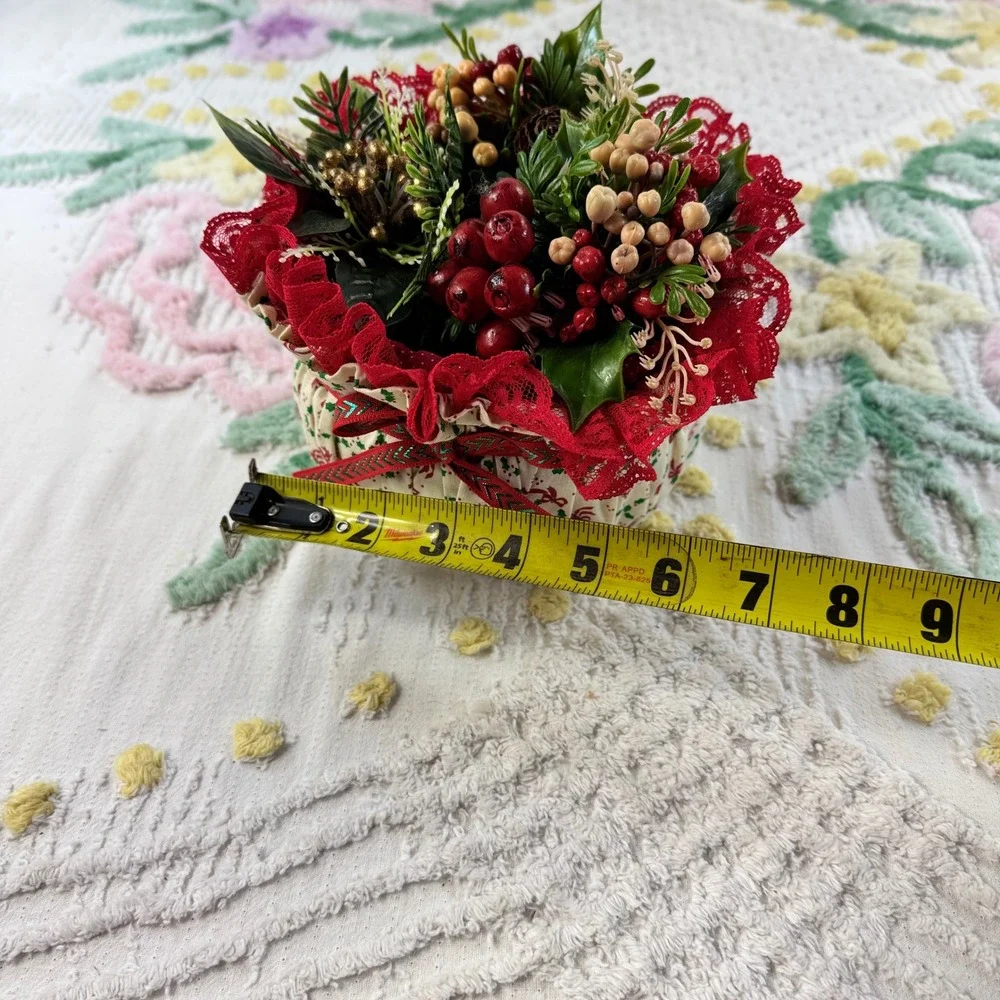 Vintage Christmas Floral Arrangement Fabric Pot Red Berry Lace Centerpiece